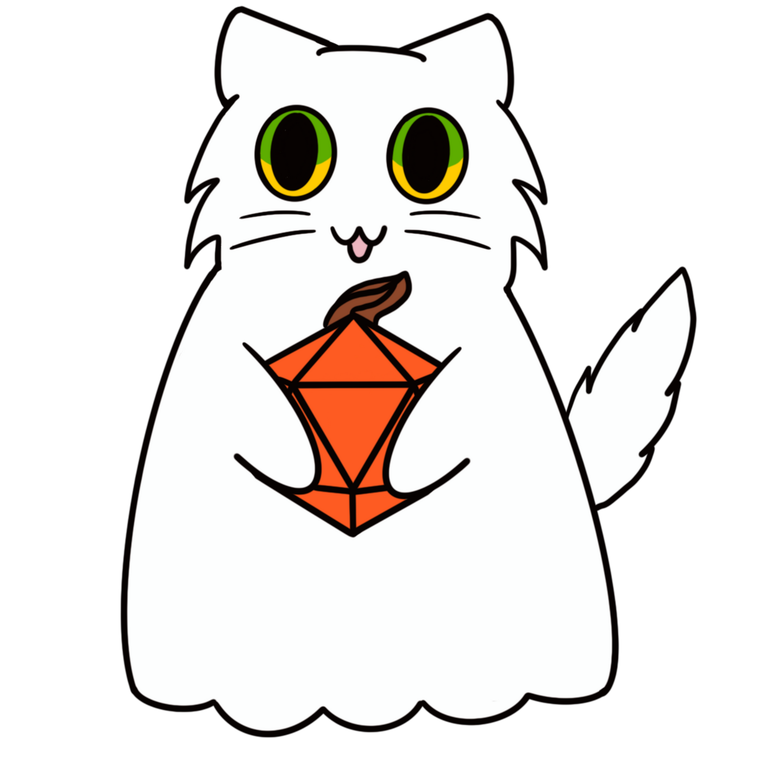 Spoopy Dice's logo of a ghost cat holding a pumpkin D20